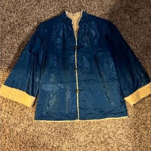 Blue Silk-Blend Lined Jacket with Fur Trim